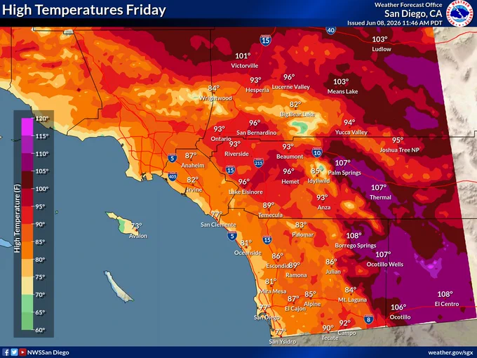 High temperatures across Southern California on Friday.