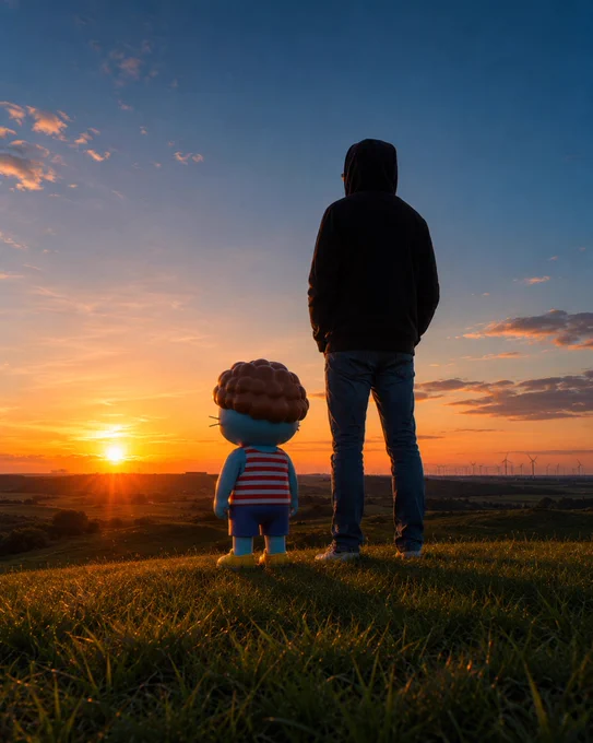 A man and Lord Overpriced stand together on a hill overlooking a sunset. Warm golden light illuminates the landscape as both face the horizon. Lord Overpriced, with his signature monocle, curled mustache, and striped tank top, appears as a digital companion brought into the real world. The image symbolizes shared memories, community, and a story that became more than an NFT.