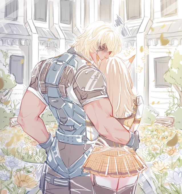 Artwork by its_toofuu of Mirabilis and Yelv Xenoblade X in the Cathedral gardens of the Residential District in XCX. Yelv has one arm wrapped around Mimi's waist, his free hand on his hip as he peers over his shoulder with lips pressed to her forehead. Mimi is looking upon the flower garden.