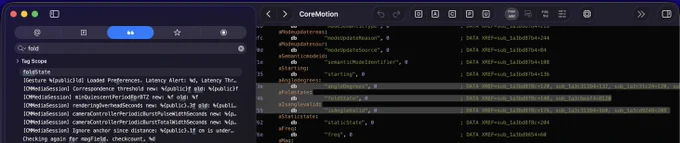 CoreMotion in Hopper showing strings for foldState” and “angleDegrees”