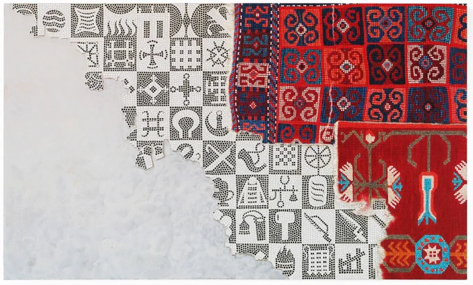 Mosaic Excavation with Carpets (2024) Egg tempera, acrylic gouache, and India ink on panel; 36 x 60 in. The painting hangs on the wall of Boston University\u2019s Mugar Memorial Library.