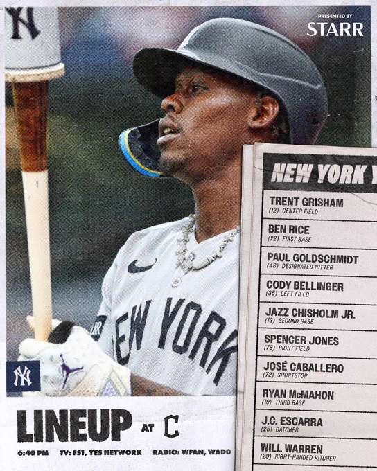 Yankees vs Cleveland Lineup:

Trent Grisham | CF | 12
Ben Rice | 1B | 22
Paul Goldschmidt | DH | 48
Cody Bellinger | LF | 35
Jazz Chisholm Jr. | 2B | 13
Spencer Jones | RF | 78
José Caballero | SS | 72
Ryan McMahon | 3B | 19
J.C. Escarra | C | 25
Cam Schlittler | RHP | 31

Time: 6:40 PM ET
TV: FS1, YES Network 
Radio: WFAN 660 AM/101.9 FM, WADO 1280

Presented by Starr Insurance Companies

Photo of Jazz Chisholm Jr.