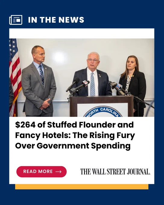 Three individuals stand at a podium with microphones, in front of a North Carolina seal. An American flag is visible. The text on the image reads: "$264 of Stuffed Flounder and Fancy Hotels: The Rising Fury Over Government Spending" and "The Wall Street Journal."