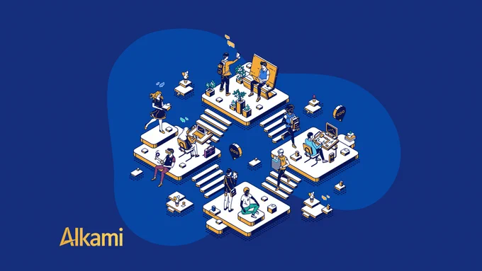 A stylized illustration featuring multiple people on floating platforms engaged in various activities like presenting, working on laptops, and collaborating. The platforms are connected by staircases, and the background is a deep blue. The word "Alkami" is displayed in the bottom left corner.