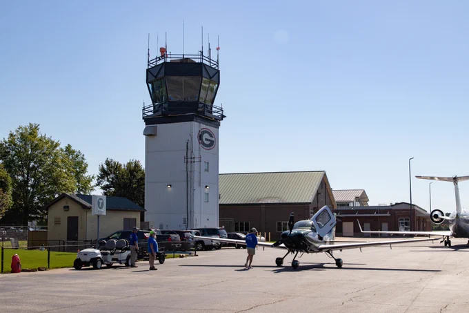 The air traffic control tower at Athens-Ben Epps Airport in Athens, GA.