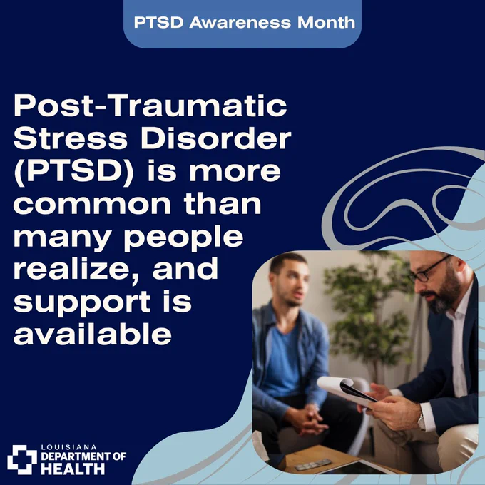 Graphic for PTSD Awareness Month. Text reads: “Post Traumatic Stress Disorder (PTSD) is more common than many people realize, and support is available.” The graphic includes a small photo of two people talking.