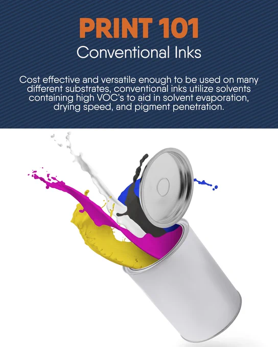 PRINT 101 Conventional Inks header with a metal can spilling cyan, magenta, yellow and black ink splashes.