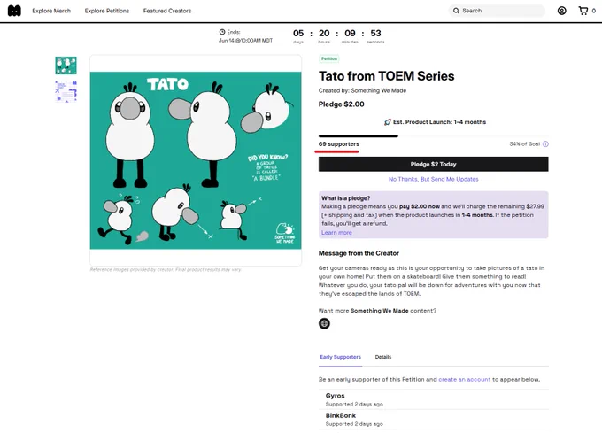 Tato plush petition showing 69 supporters.
