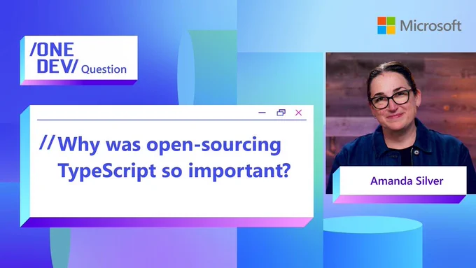 Spot art.
Photo of presenter(s)
text reads: 
Why was open-sourcing TypeScript so important?