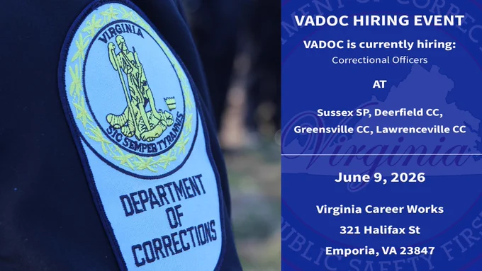 Hiring event announcement graphic with a Virginia Department of Corrections patch on uniform sleeve.
