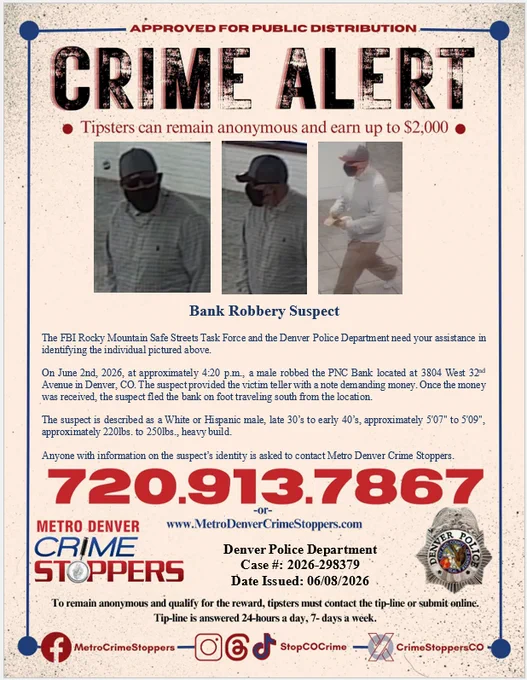 CrimeStoppers poster for June 2 bank robbery