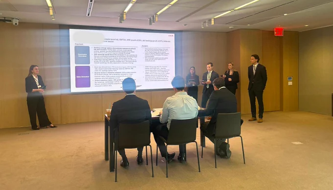 Winning team of MS in Climate Finance students presenting in the Columbia Business School and KKR Private Equity Case Competition.
