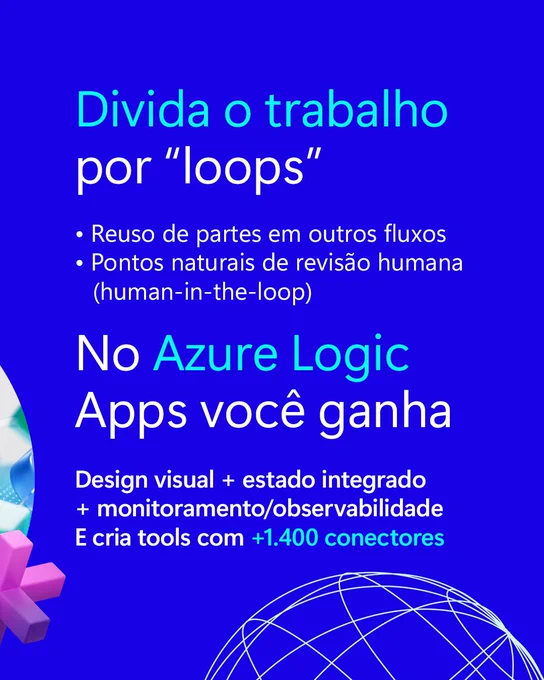 Imagem com fundo azul e texto sobre os benefícios do Azure Logic Apps.