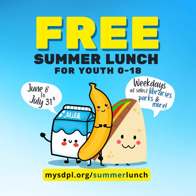 Free Summer Lunch for Youth 0-18. A trio of cute food items (milk carton, banana and sandwich with faces and limbs) use speech bubbles: June 8 to July 31. Weekdays at select libraries, parks and more! MySDPL.org/SummerLunch