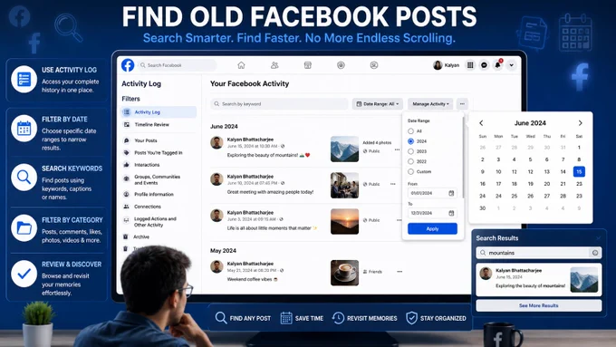 Blue Facebook promo screen showing activity log, date filters, keyword search, and old posts with calendar.