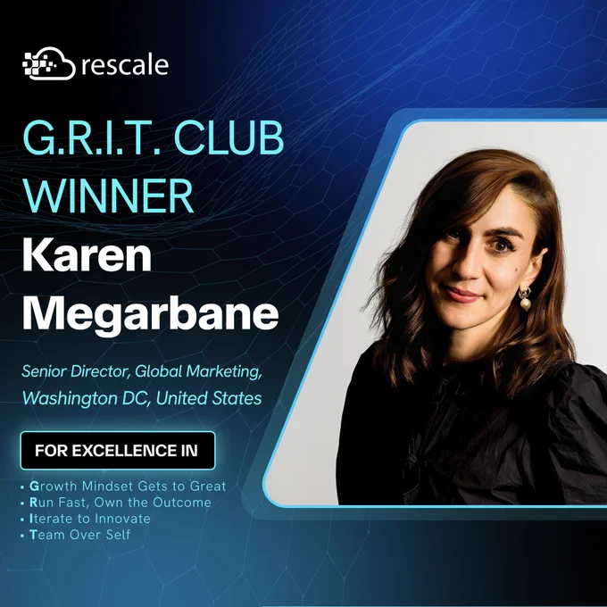 Rescale-branded recognition graphic with a dark blue, hexagon-patterned left panel featuring the Rescale logo and the heading “G.R.I.T. CLUB WINNER.” Below, text reads “Senior Director, Global Marketing, Washington DC, United States,” followed by four bullet points: “Growth Mindset Gets to Great,” “Run Fast, Own the Outcome,” “Iterate to Innovate,” and “Team Over Self.” The right half shows a color headshot of the recipient in a black top against a plain light background. 