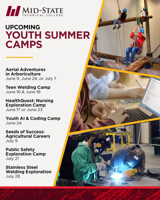 Mid-State graphic listing upcoming youth summer camps with images of arboriculture, coding, and welding activities.