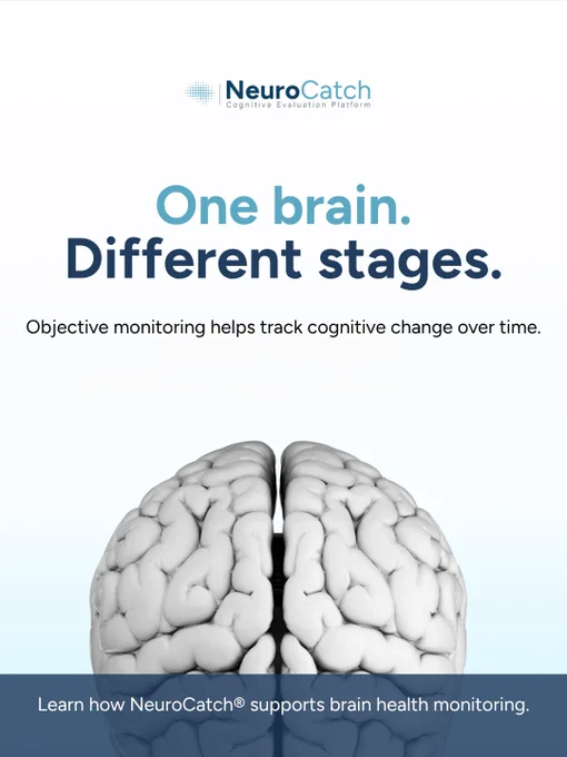NeuroCatch logo with headline "One brain. Different stages." and top-down brain image about tracking cognitive change.