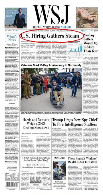 The Wall Street Journal features headlines on U.S. hiring growth, D-Day anniversaries, and upcoming political showdowns.
