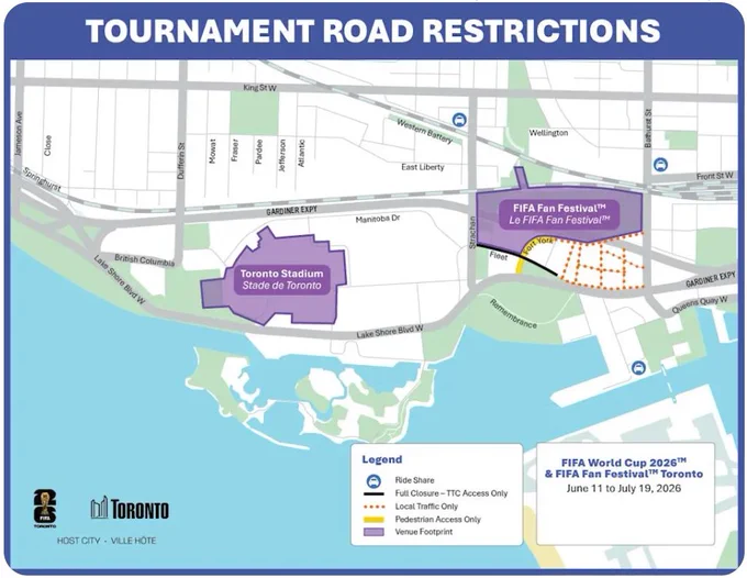 A map of road restrictions around the FIFA Fan Festival and Toronto Stadium.