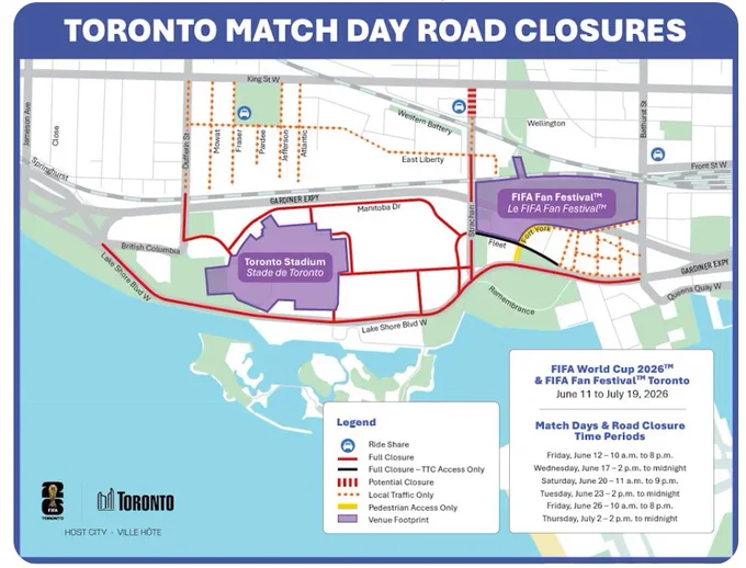 A map of road restrictions around the FIFA Fan Festival and Toronto Stadium.