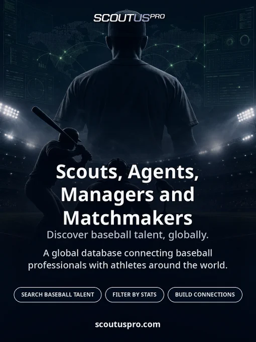 A promotional image for ScoutUS Pro, featuring baseball talent discovery on a global scale. The mood is professional and inspiring.