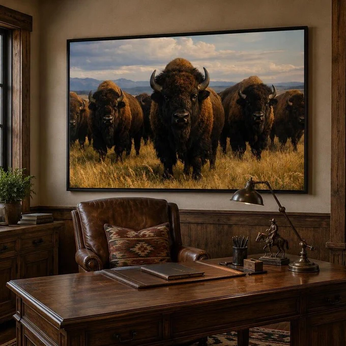 Large framed buffalo canvas hanging above a wooden executive desk in a western ranch office featuring dark wood furniture and rustic décor.