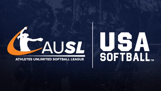 Logo graphic featuring the Athletes Unlimited Softball League and USA Softball. It highlights a silhouette of a softball player with bold, contrasting text.