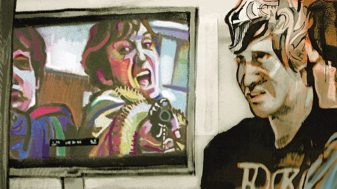 A piece of art based on the film The Dirties, using a mix of digital and traditional mediums. It shows the characters Matt and Owen sitting next to a monitor frozen on a frame of the pair. The portion in the real world is done traditionally with a mix of pen, and ink and wash. Slivers of orange shine through the monochrome, which is otherwise devoid of colour - save for a slight blue wash on Owen's shirt. Matt looks intently forward, although not towards the viewer. His expression is dejected. Owen faces the monitor and away from the viewer, cut off by the edge of the piece. The image on the monitor is drawn digitally, more colourful than the rest of the piece. Within it, Matt points a gun at the camera as his face is lit up in a crazed, joyous scream. Owen is cut off at the side, head pushing down into his shoulders and expression more relaxed - his gun is not visible, though he is aiming. There's a white fuzz over the monitor display.