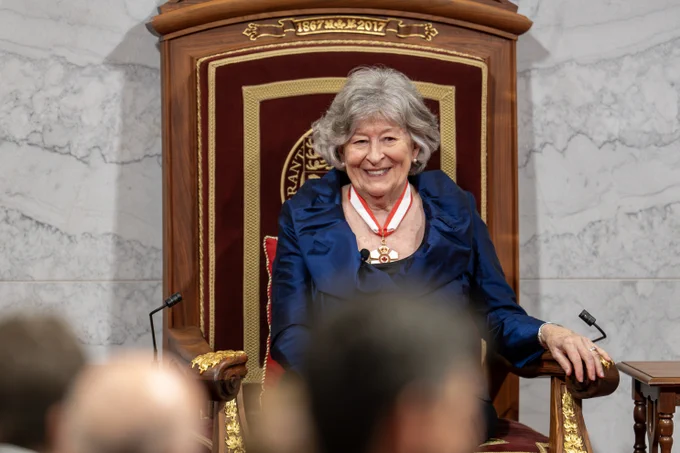 Her Excellency the Right Honourable Louise Arbour smiles as she is seated on the Throne Chair in the Senate Chamber during her installation ceremony as Canada’s 31st Governor General. Photo credit: PO 2 Louis Dubé, Rideau Hall © OSGG, 2026. 