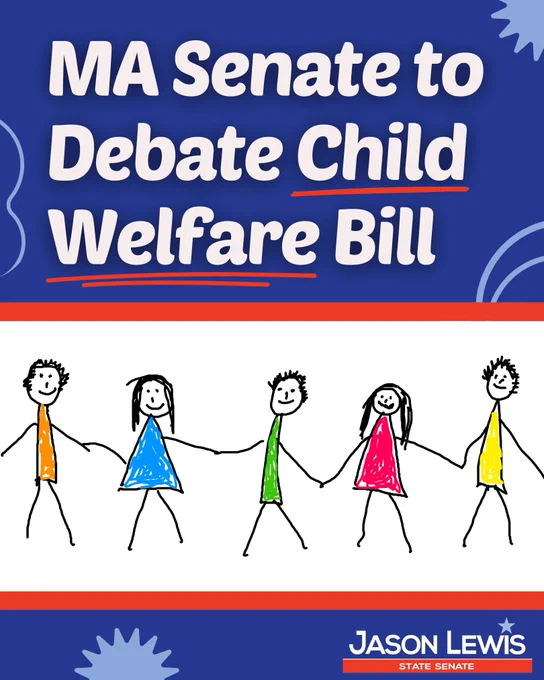 Graphic with a child’s online drawing that says, “MA Senate to Debate Child Welfare Bill.”