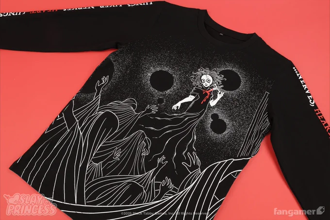 The shirt is centered around a wraparound print—white and red on black—featuring The Nightmare. The print stretches all the way around the shirt, with the Nightmare (one hand on a knife that has pierced her bleeding heart) staring out from the front. 