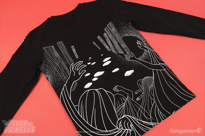 A look at the back of the shirt. An array of hands reach out down a subtly illustrated path. 
