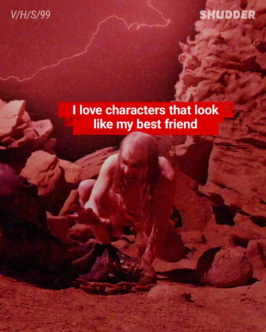 A creature in a cave setting reaches towards a person, surrounded by red lighting. The mood is eerie and menacing, with a text overlay expressing a humorous sentiment.