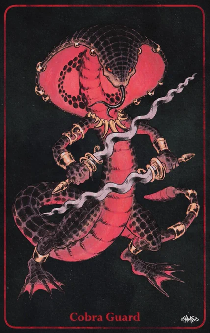 An illustration of an anthropomorphic cobra dual-wielding swords