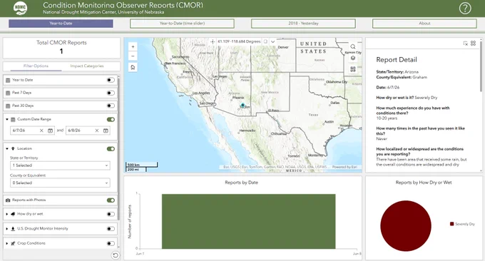 CMOR app showing the location of the report in southeast Arizona.