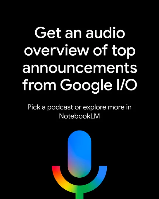 Large white text on a black background reads, "Get an audio overview of top announcements from Google I/O," with smaller text below stating, "Pick a podcast or explore more in NotebookLM." Centered at the bottom is a stylized microphone icon featuring a vibrant gradient of Google's signature colors: blue, red, yellow, and green.