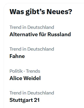Was gibt's Neues?
Alternative für Russland, Fahne, Alice Weidel, Stuttgart 21