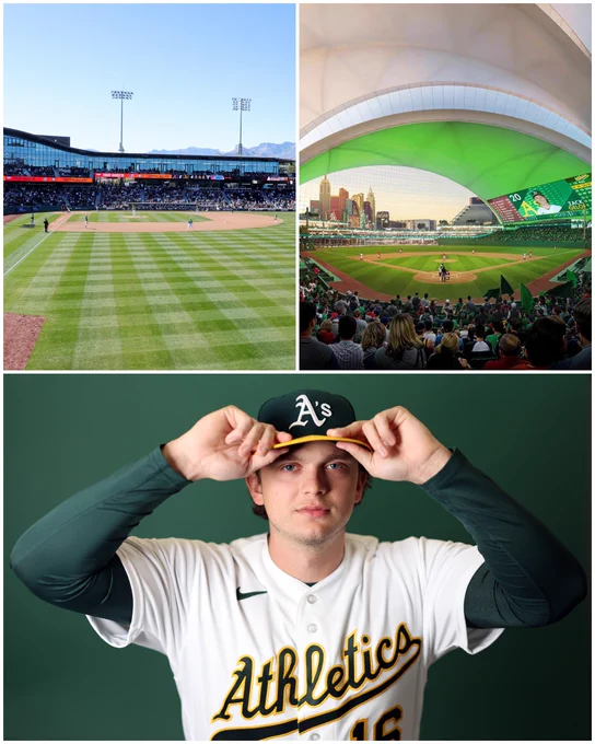 Top left photo: A right field view of the Athletics playing in the fifth inning of a spring training game at Las Vegas Ballpark.
Top right photo: A rendering of the Athletics’ planned new ballpark in Las Vegas.
Bottom photo: Nick Kurtz wearing his home white uniform. He’s grabbing the bill of his hat with both hands. He’s posing in front of a green backdrop.