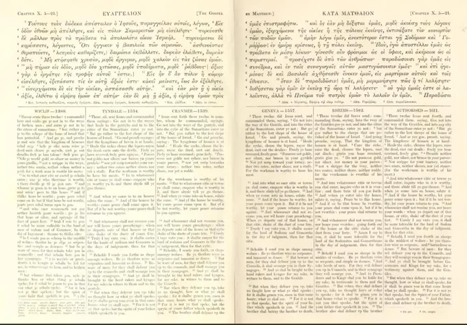 This English Hexapla has 6 different English translations of the New Testament in parallel columns. Wycliffe's Bible of 1380 (from the corrupt Latin Vulgate), Tyndale's (pure-line) 1534 edition, Cranmer's (pure-line) 1539 Bible,  the 1557 Geneva NT (pure-line), the corrupt Jesuit Douay-Rheims of 1582, and the pure-line 1611 KJV.
It also contains a lengthy section on the history behind these Bibles, the Greek text of M.A. Scholz, and some "higher critical" information. 

The hexapla, the book you didn't know you needed.