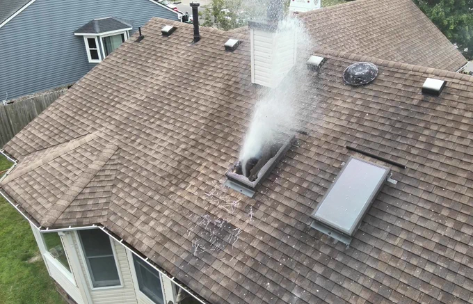 The image shows a geyser of water spraying out from an attic vent on a roof of a house with brown shingles. There is a skylight nearby, and another house with a gray roof is visible in the background.