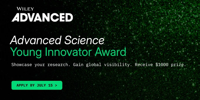 A green and black promotional banner for the Wiley Advanced Science Young Innovator Award. Text encourages showcasing research and gaining global visibility, with a $1000 prize. Deadline to apply is July 15.