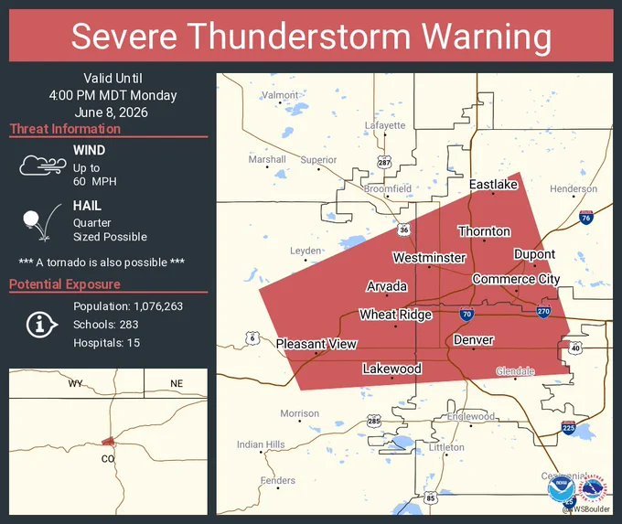 This graphic displays a severe thunderstorm warning plotted on a map. The warning is in effect until 4:00 PM MDT. The warning includes Denver CO, Lakewood CO and Thornton CO.  This warning is for Northeastern Jefferson County in central Colorado, Southwestern Adams County in northeastern Colorado and West Central Denver County in northeastern Colorado. The threats associated with this warning are wind gusts up to 60 MPH and quarter sized hail. There are 1,076,263 people in the warning along with 283 schools and 15 hospitals.