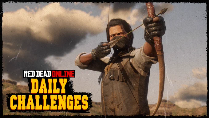 Red Dead Online Daily Challenges poster featuring a character aiming their bow and arrow. 