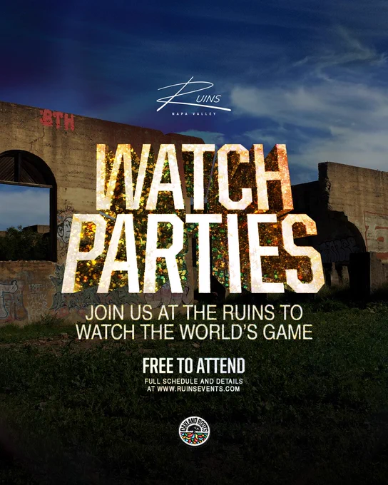 Image of a graphic that reads, "WATCH PARTIES. JOIN US AT THE RUINS TO WATCH THE WORLD'S GAME."