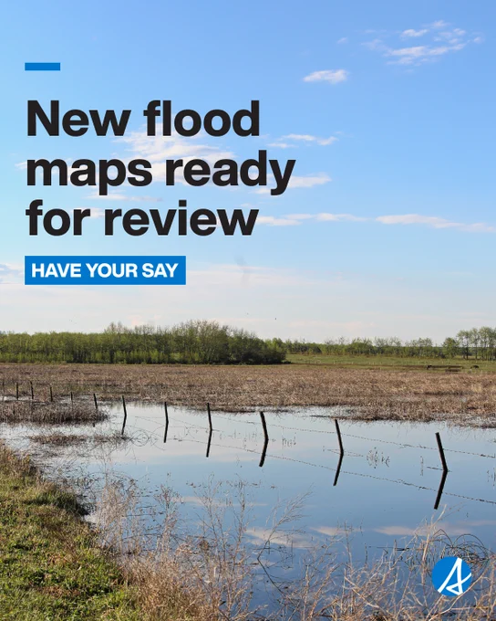 A field with a high level of water. Text reads New flood maps ready for review. Have your say.