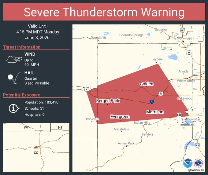 This graphic displays a severe thunderstorm warning plotted on a map. The warning is in effect until 4:15 PM MDT. The warning includes Golden CO, Evergreen CO and Kittredge CO.  This warning is for East Central Clear Creek County in central Colorado and Northern Jefferson County in central Colorado. The threats associated with this warning are wind gusts up to 60 MPH and quarter sized hail. There are 183,418 people in the warning along with 51 schools and 0 hospitals.