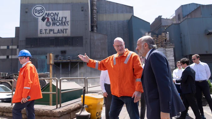 U. S. Steel President & CEO Dave Burritt greets Commerce Secretary Lutnick as he arrives to visit U. S. Steel Mon Valley Works - Edgar Thomson Plant.