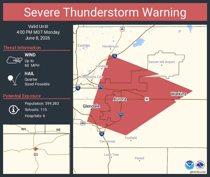 This graphic displays a severe thunderstorm warning plotted on a map. The warning is in effect until 4:00 PM MDT. The warning includes Aurora CO, Glendale CO and Watkins CO.  This warning is for Southwestern Adams County in northeastern Colorado, Western Arapahoe County in northeastern Colorado and Central Denver County in northeastern Colorado. The threats associated with this warning are wind gusts up to 60 MPH and quarter sized hail. There are 599,383 people in the warning along with 115 schools and 6 hospitals.