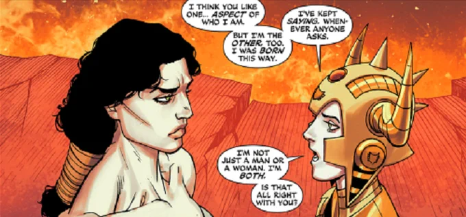 Ystin says "I think you like one... aspect of who I am. But I'm the other, too. I was born this way... I'm not just a man or a woman. I'm both."